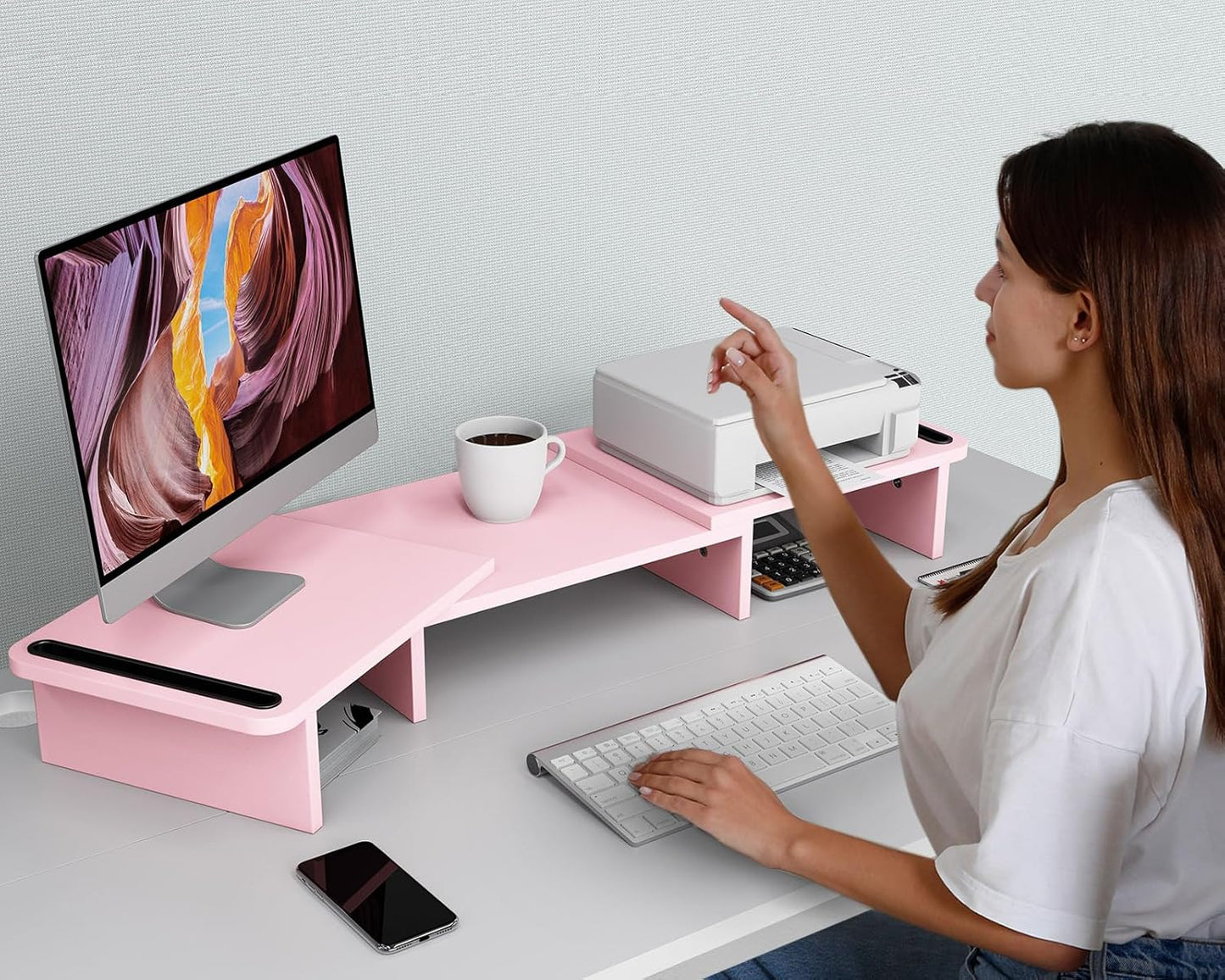 Zimilar Dual Monitor Stand Riser, Monitor Stand with Adjustable Length and Angle, Wood Monitor Stand for Desk, Monitor Riser for 2 Monitors with Storage Space