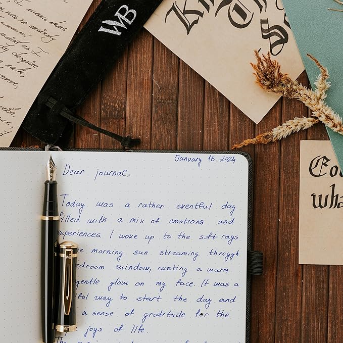 Wordsworth & Black Fountain Pen Set, 18K Gilded Extra Fine Nib, Includes 24 Pack Ink Cartridges, Ink Refill Converter & Gift Pouch, Gold Finish, Calligraphy, [Black Gold], Perfect for Men & Women