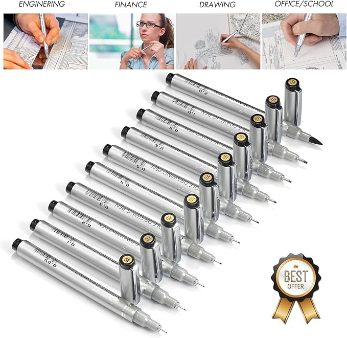 Set of 10 Black Micro-Pen Fineliner Ink Pens, Anti-Bleed & Waterproof Archival ink,Brush & Calligraphy Tip Nibs - Artist Illustration, Office Documents, Scrapbooking, Technical Drawing