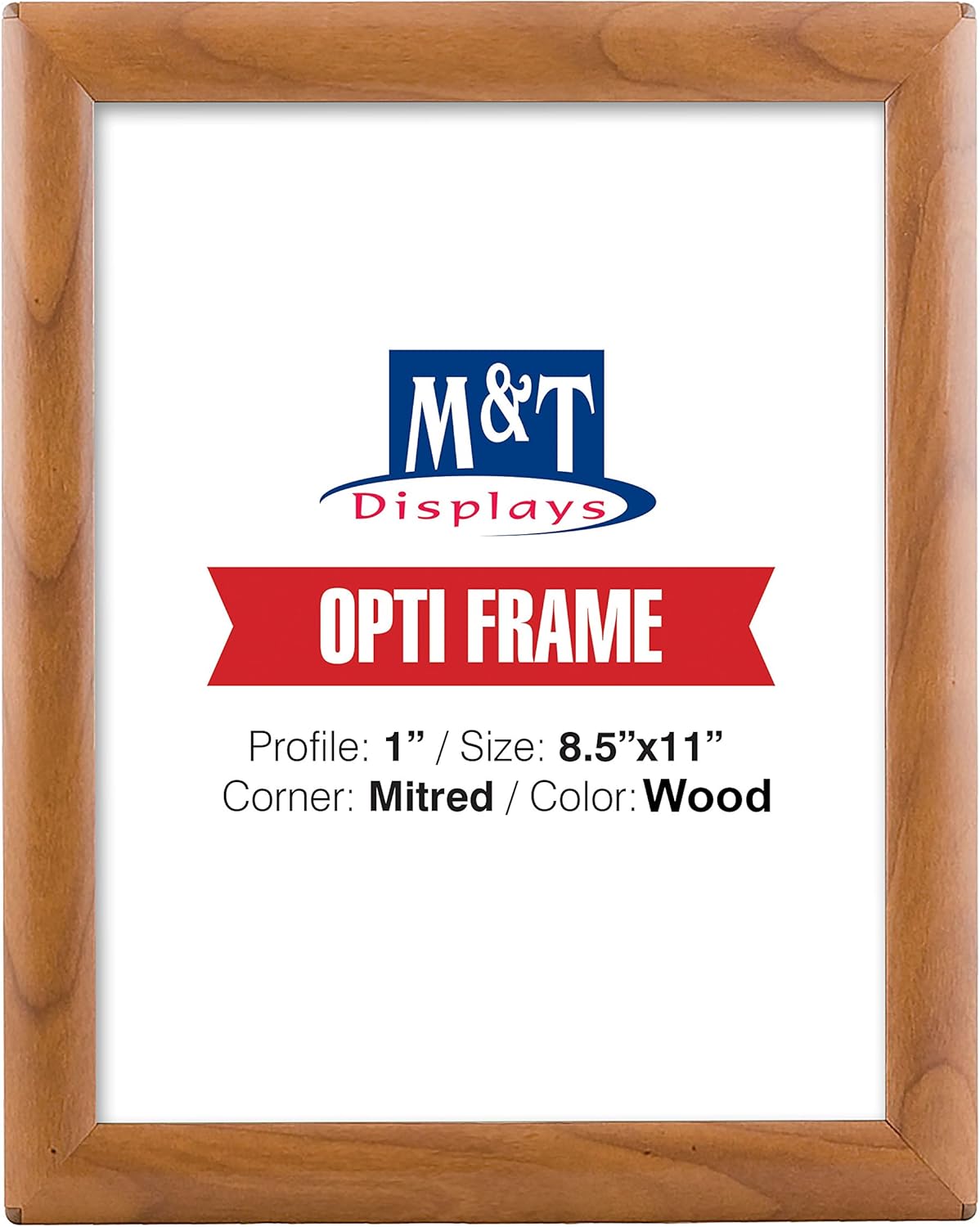 M&T Displays Opti Snap Poster Frame 8.5x11 Inch with Back Support Wood Effect Color 1" Aluminum Profile, Front Loading, Wall Mounting, Photo, Picture, Document, Sign Holder