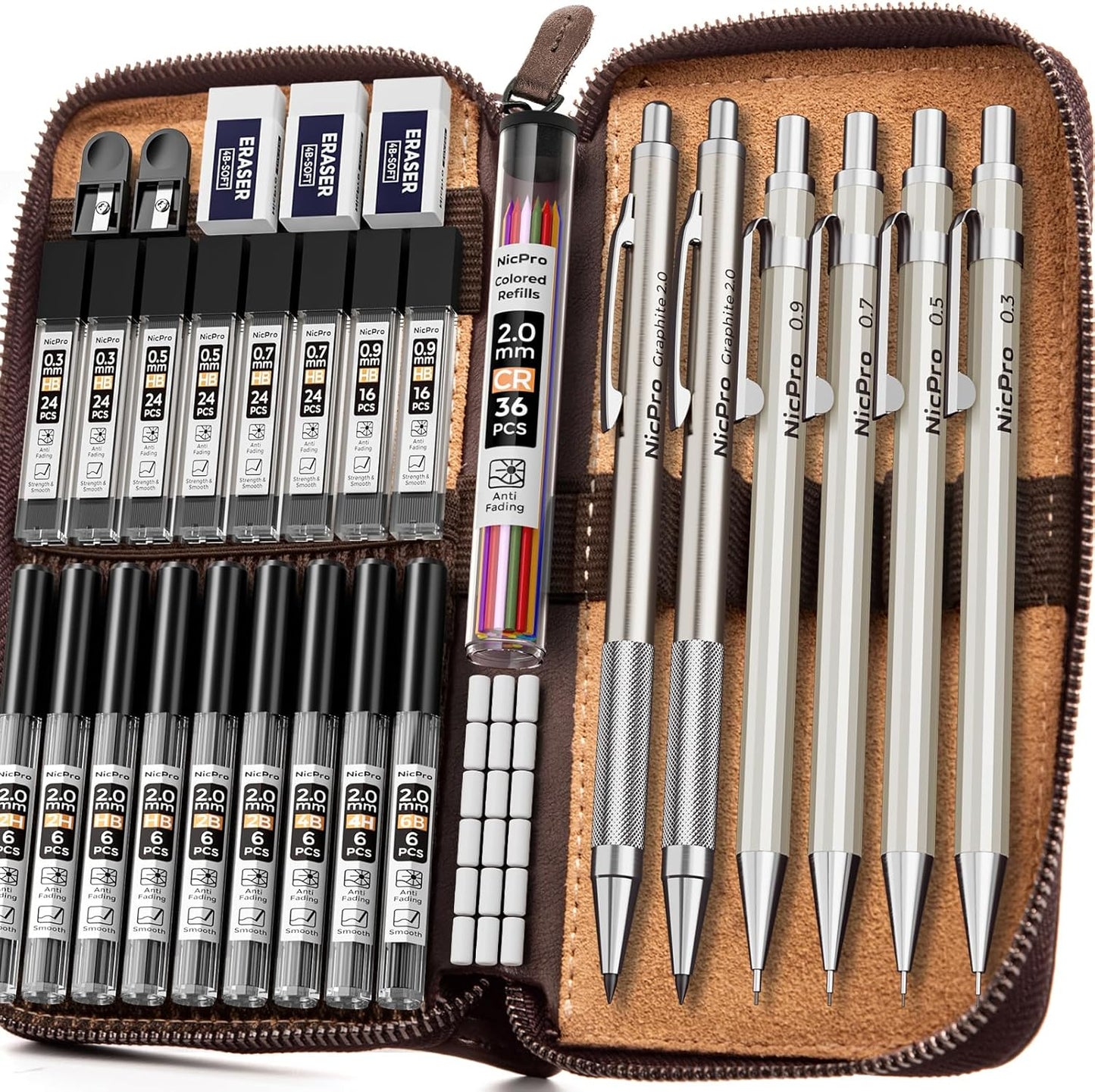 Nicpro 33PCS Metal Mechanical Pencil Set in Leather Case, Art Drafting Pencil 0.3, 0.5, 0.7, 0.9 mm, 2mm Lead Pencil Holders for Sketching Drawing With 18 Tube (6B 4B 2B HB 2H 4H Colors) Lead Refills