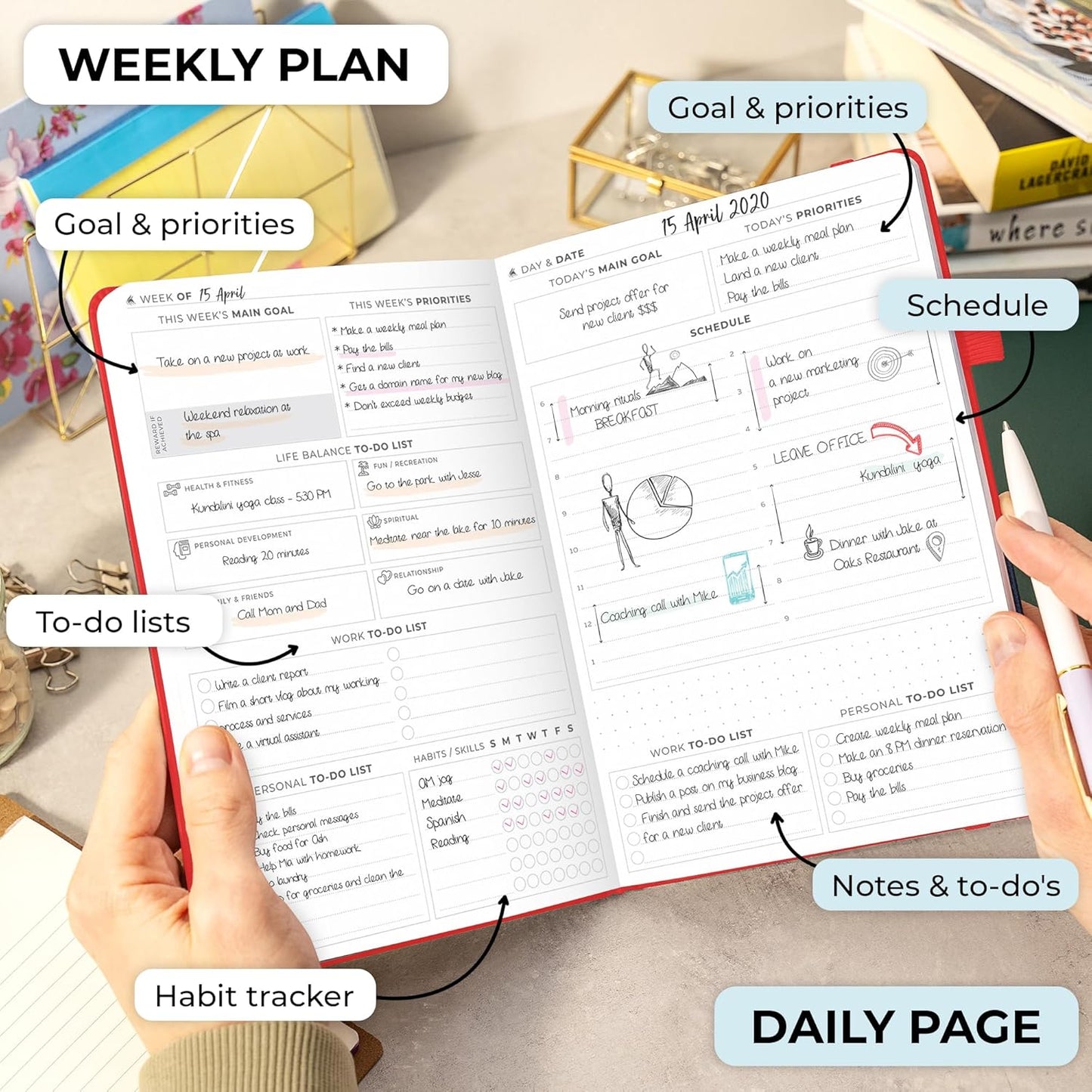Clever Fox Planner Daily Premium – Undated Daily Planner with Hourly Schedule, Personal Organizer, Productivity Journal, 6 Months (Red)