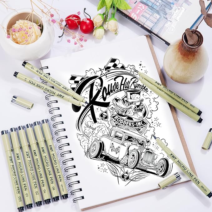 Micro Fineliner Pens 9 Size/Set, Ultra Fine Fineliner, Soft Nib, Brush Marker, Water-based Black Pigment Ink, Drawing Journaling Doodle Supplies for Artists, Designers, Students
