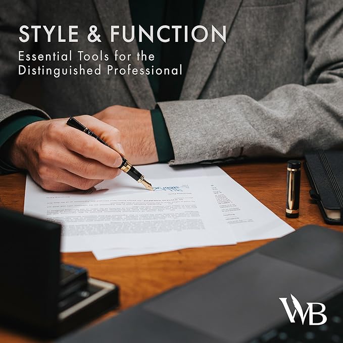 Wordsworth & Black Primori Fountain Pen Set [Black Gold]; Extra Fine Nib, Gift Case, 24 Ink Cartridges, Refill Converter, Manual; Journaling, Calligraphy, Smooth Writing Pens; Left and Right Handed