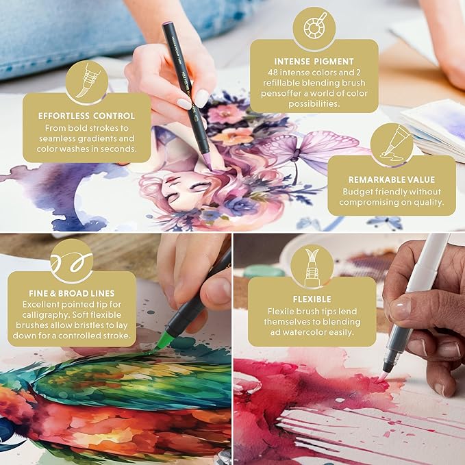 DOODLE HOG 48 Premium Watercolor Pens +2 Highly Blendable Markers, Real Brush Tip Watercolor Markers, Art Supplies for Adults, 48 Colors Gift Box