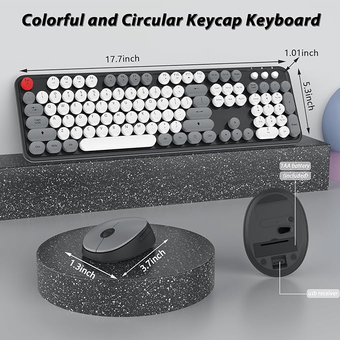Wireless Keyboard and Mouse, KOOTOP Cute Keyboard and Mouse, 2.4G Wireless Keyboard with Retro Round Keycap for PC, Mac, Laptop,Tablet,Computer Windows (Grey)