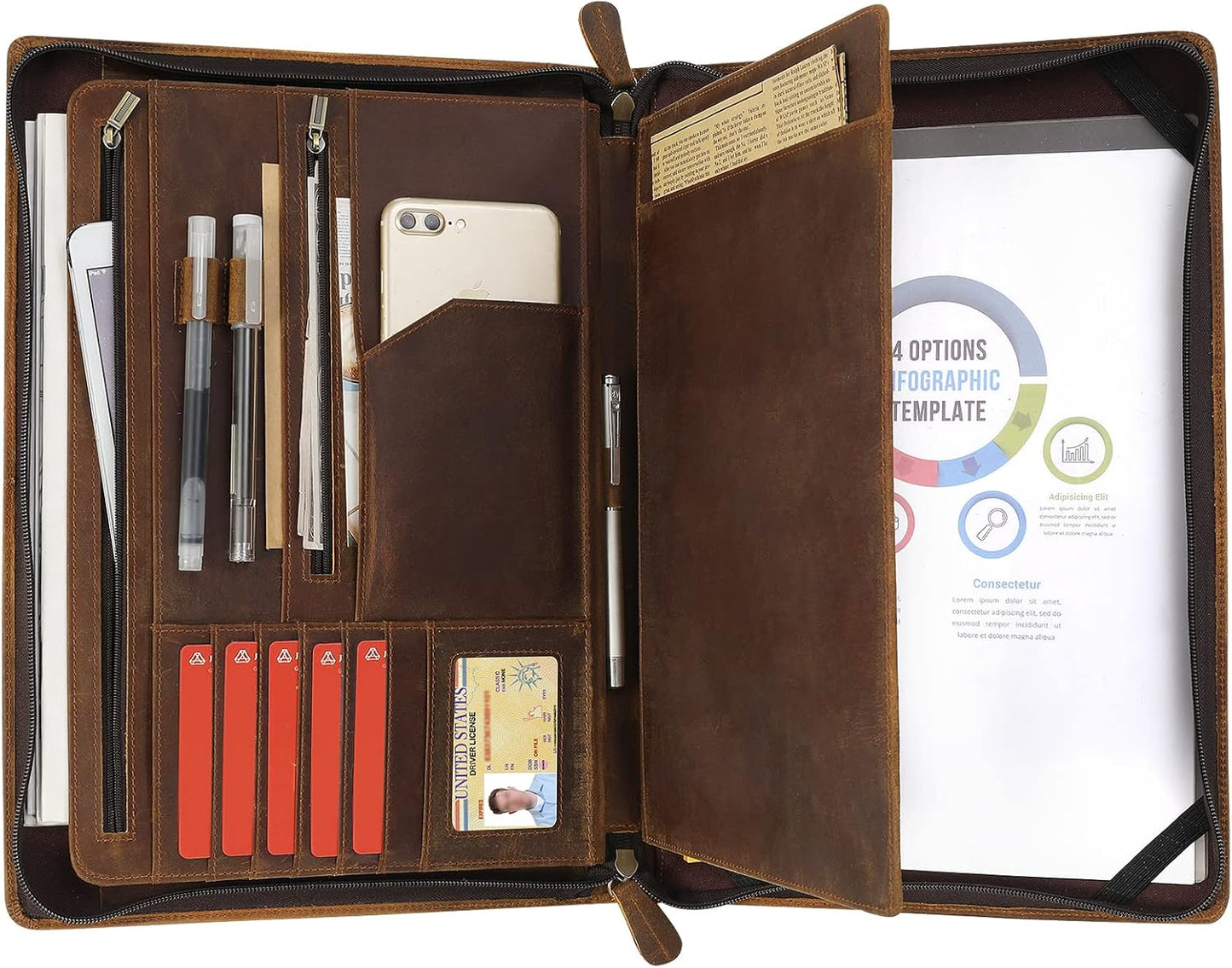 Ringsun Genuine Leather Portfolio Organizer for Men Women with Handle, Full Grain Leather Padfolio Folder with Zipper Business Resume Portfolio for 12.9" iPad, Brown, RS118