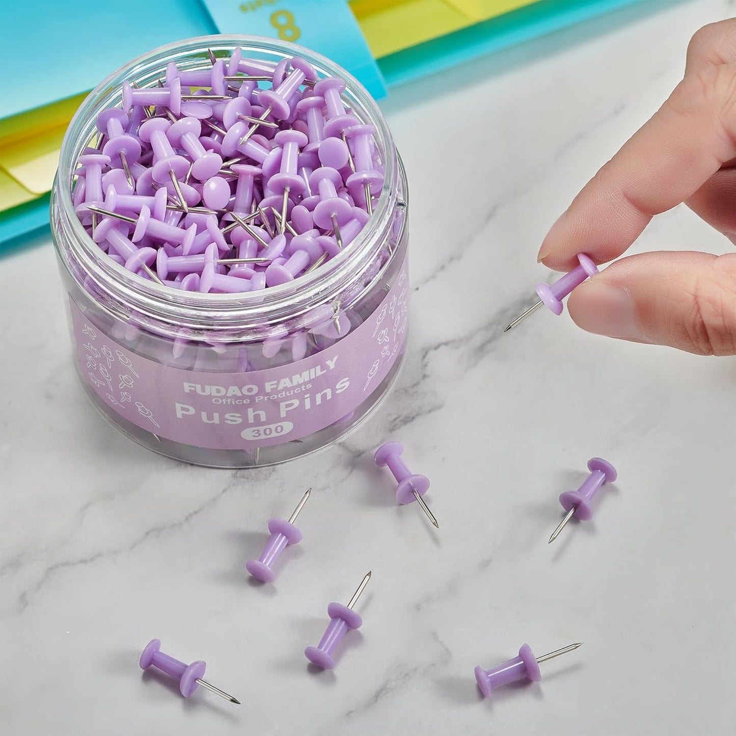 FUDAO FAMILY 300pcs Push Pins for Bulletin Board, Thumb Tacks for Wall Corkboard, Map Pins - Home Office Craft Projects Plastic Head Steel Push Pin (Purple)