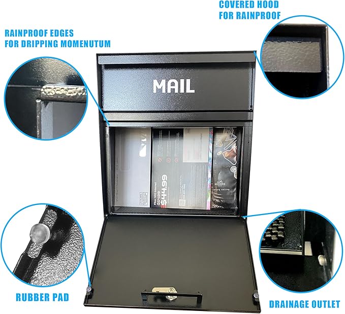 Rainproof Wall Mount Mailbox with Outgoing Mail Flag, Locking Security Galvanized Steel Drop Box for Residential & Commercial Use, Heavy Duty Payment Collection Box, Black