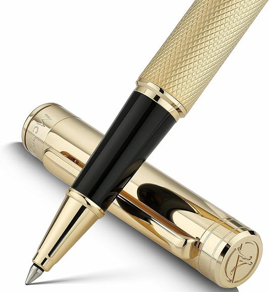Gold Rollerball Pen, Stunning Luxury Pen with Mesh Texture Design and 24K Gold Finish, Fancy Gift Set for Men & Women, Business Signature, Executive, Office, Nice Fancy Designer Pens