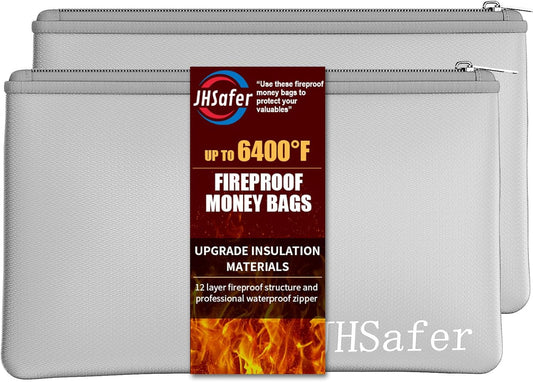 6400℉ Fireproof and Waterproof Money Bags 2pcs with Zipper,11''x6.3'' Fireproof Cash Bag with Zipper,Fireproof Wallet Envelope Safe Pouch Fireproof Bags for Cash Passports Keys Jewellery (Silver)