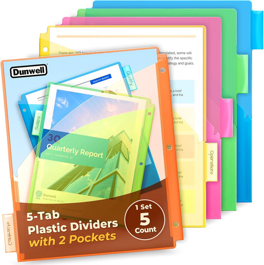 Dunwell 5-Tab Binder Pocket Dividers, Plastic Dividers with Two Pockets for 3-Ring Binder, Multicolor, Fits 8.5x11 Letter Size Documents, Insertable Tabs, 5 Subject Notebook Divider 3 Hole Punched