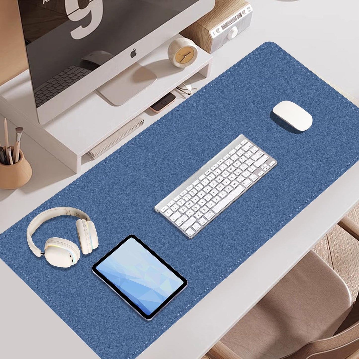 BLESWIN Large Desk Pad Mat 47.2"" x 17"", Office Desk Mat, Non-Slip PU Leather & Cork Desk Blotter for Keyboard and Mouse, Large Desk Mat, Large Mouse Pad for Office & Home(Lake Blue)