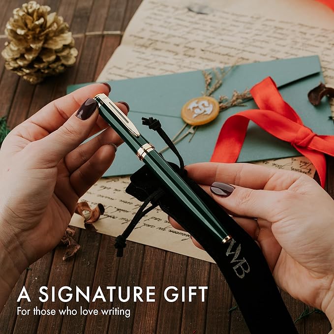 Wordsworth & Black Fountain Pen Set, 18K Gilded Medium Nib, Includes 24 Pack Ink Cartridges, Ink Refill Converter & Gift Pouch, Gold Finish, Calligraphy, [Racing Green], Perfect for Men & Women