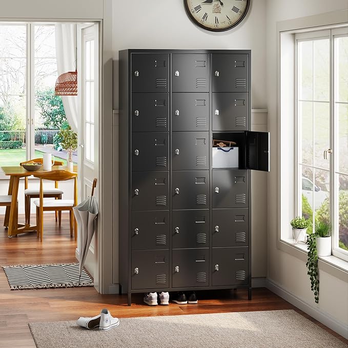 Metal Lockers for Employees with 18 Doors, Metal Locker with Lock for School Garage Office Gym Home,Assembly Required,Black