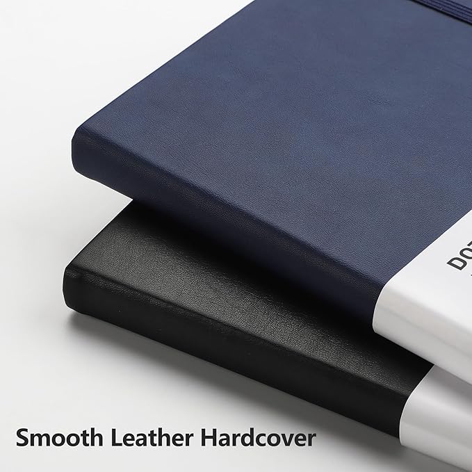 RETTACY Bullet Dotted Journal Notebook, 2-Pack, 160 Numbered Pages per Pack, A5 Medium Size (5.7'' x 8.3''), 120 GSM Thick Paper, Leather Hardcover, for Bullet Journaling (Black & Navy Blue)