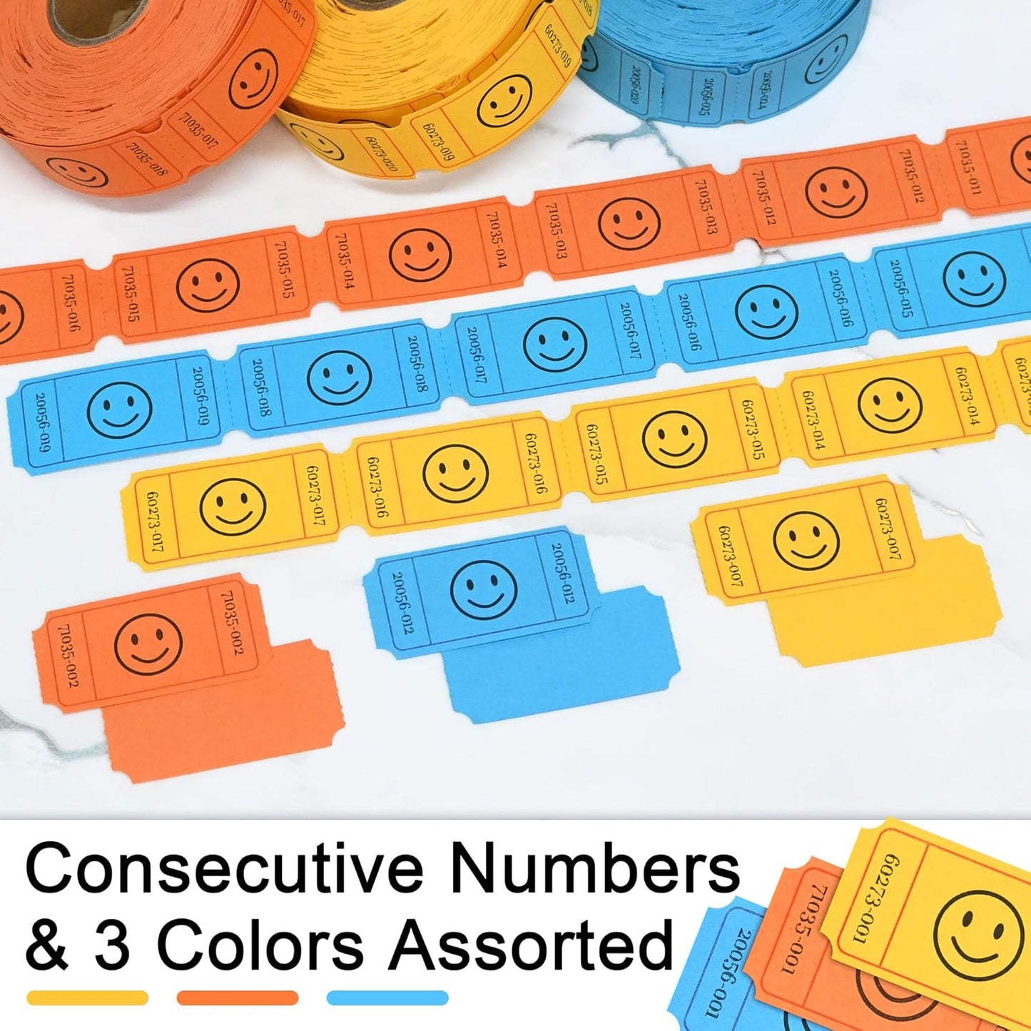 L LIKED 1500 Raffle Tickets Roll, 3 Assorted Colors, 1x2 Inch Smile Ticket for Events, Entry, Class Reward, Parties, Giveaways & Prizes (Yellow, Orange, Blue)
