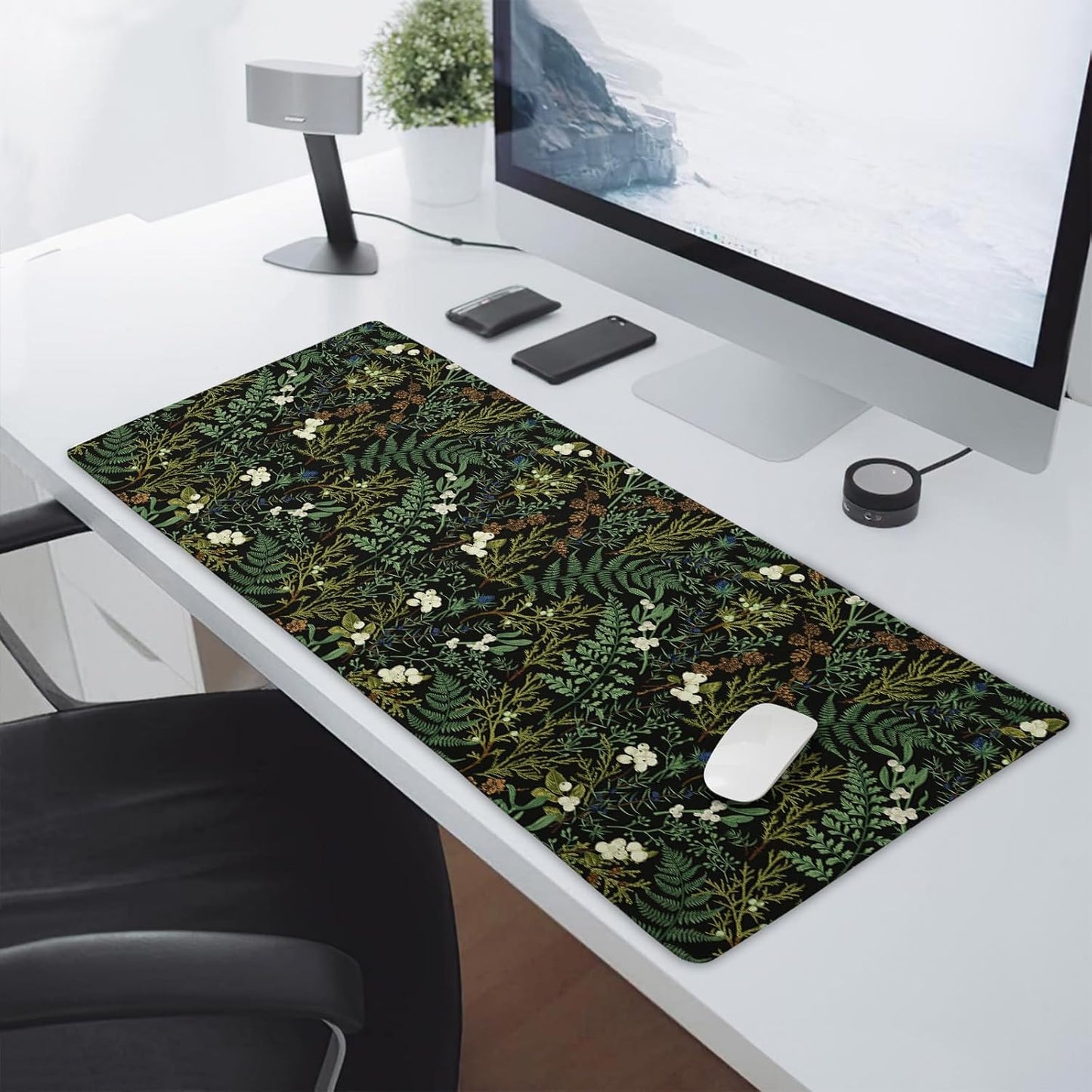 Black Aesthetic Vintage Botanical Gaming Mouse Pad XXL Cute Forest Green Plant Nature Floral Extended Large Mouse Pad Big Mousepad Non-Slip Stitched Edge Long Mat for Desk Office Computer,35.4x15.7 in