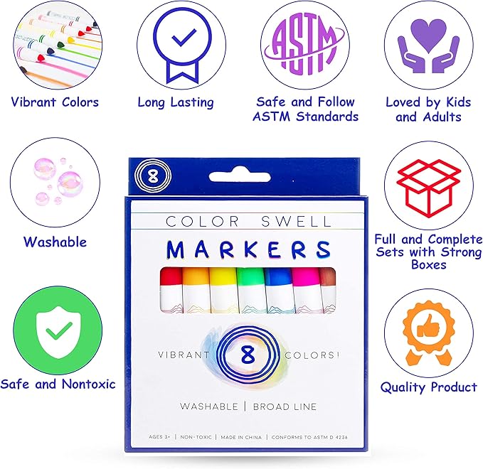 Color Swell Washable Bulk Markers - 18 Boxes of 8 Vibrant Colors (144 Total) Perfect for Kids, Parties, Classrooms - Broad Line Markers