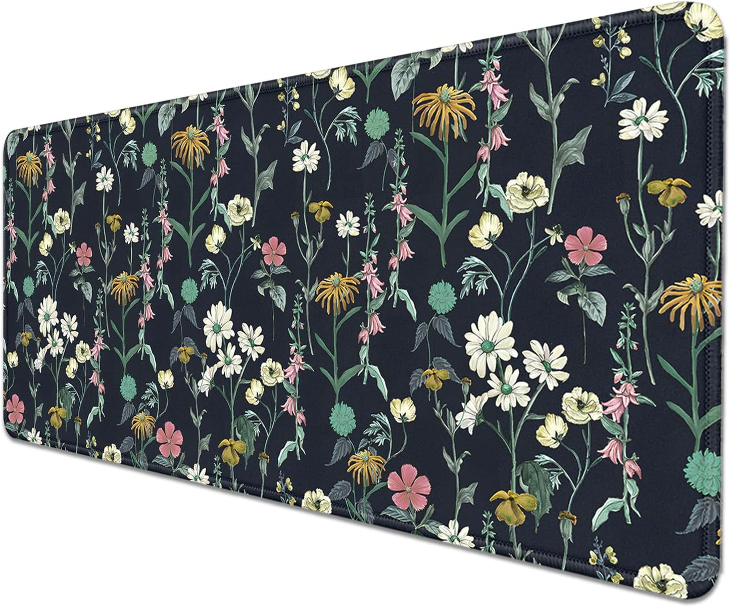 Dark Botanical Flowers Mouse Pad,Extended Black Plant Floral Mousepad Desk Pad with Stitched Edges,Non-Slip Waterproof Rubber Base Mouse Mat for Office Computer Keyboard Laptop Home(27.5x11.8 in)