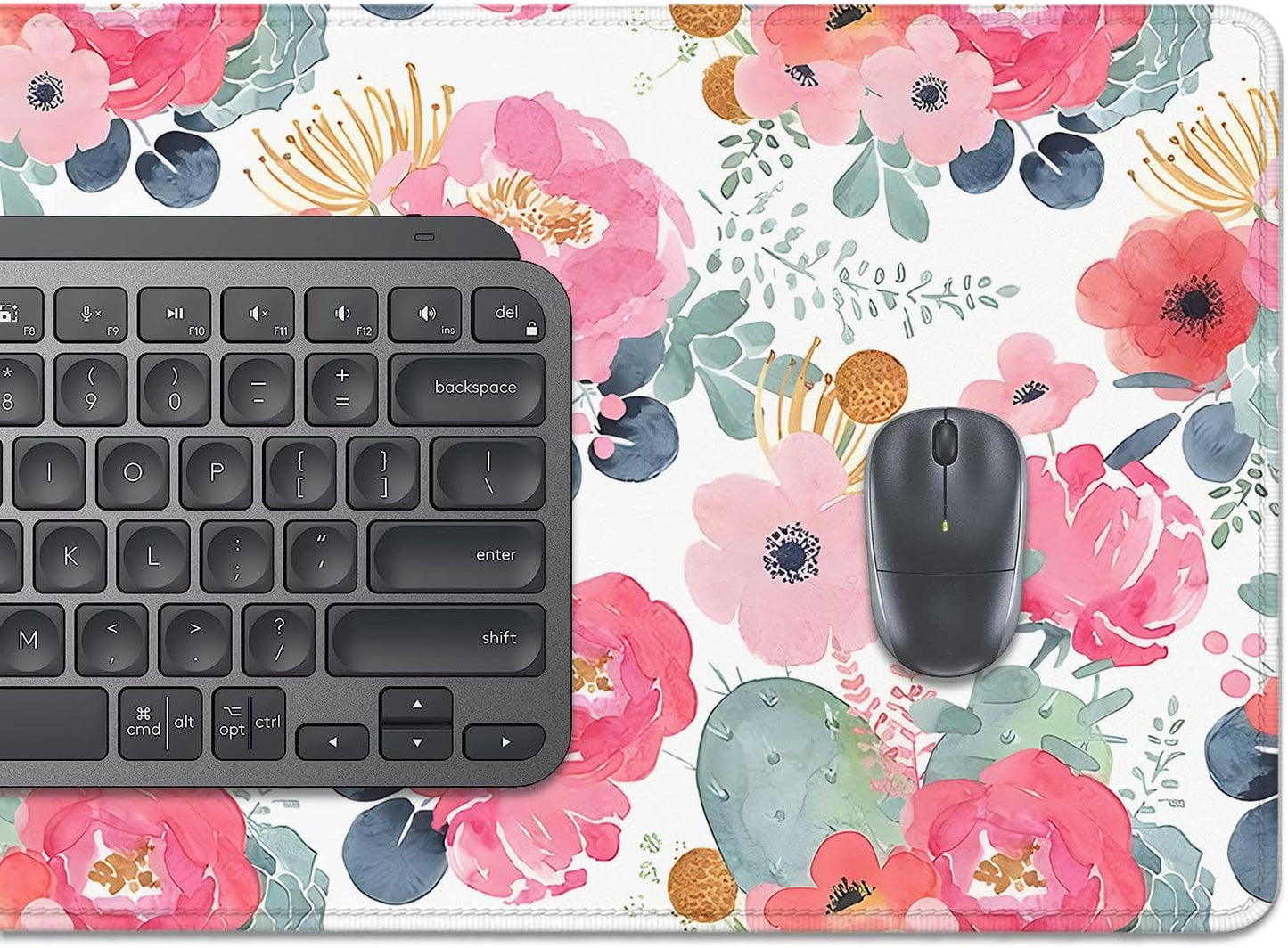 Watercolor Flowers Desk Pad Mouse Pad,Large Floral Mouse Mat with Stitched Edges,Non-Slip Rubber Base Mousepad for Office PC Keyboard Laptop and Home Work Desk Mat(27.5X11.8 in)
