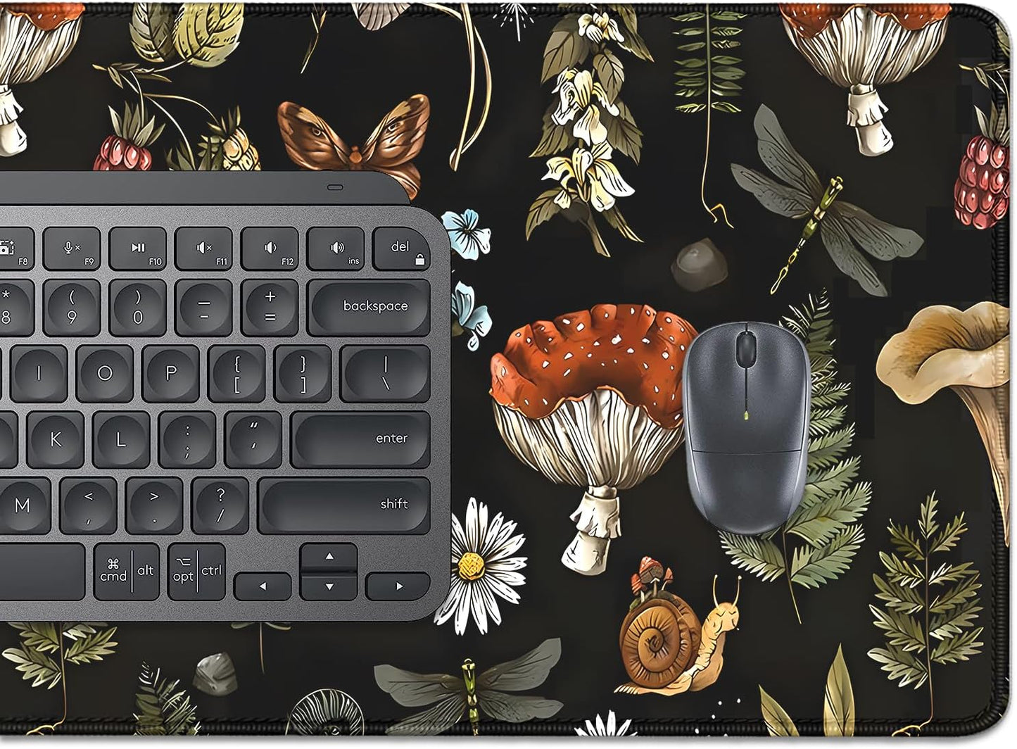 Plant Mushroom Desk Pad Mouse Pad,Large Black Aesthetic Mouse Mat with Stitched Edges,Non-Slip Rubber Base Mousepad for Office PC Keyboard Laptop and Home Work Desk Mat(27.5X11.8 in)