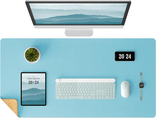Aothia Double-Sided Desk Pad – 37.8"x17" Leather Desk Mat with Eco Cork Protector, Large Mouse Pad, Waterproof Desk Blotter for Office/Home (Blue Topaz)