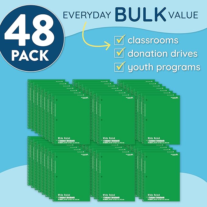 Blue Summit Green Wide Ruled Spiral Notebooks Bulk, 1 Subject Spiral Notebook Wide Ruled, Paper School Bulk Notebooks, 48 Pack