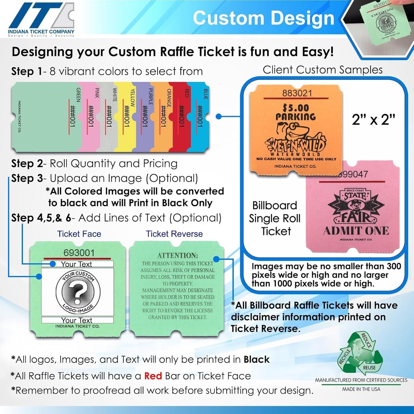 Custom 2” x 2” Billboard Single Roll Ticket, Design Your Roll Tickets with Event Logos, Classroom Rewards, Fundraisers, Door Entry, Raffles, Prizes, Drink/Food Tickets, & More (8 Color Selection)