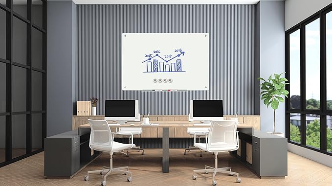 J&J worldwide Glass Whiteboard 47"x35", Magnetic White Board Glass Dry Erase Board Large Frameless Glass White Board for Office, Home & School with Marker Tray & Markers