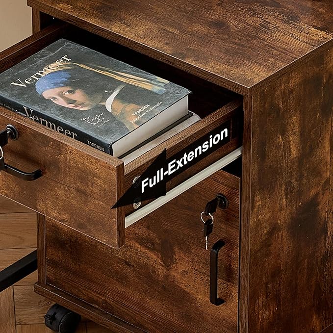 TUKAILAi Mobile File Cabinet with Lockable Drawer & Door, Under Desk Rolling Filing Cabinet with 4 Wheels, Wooden Stationery Storage Cabinet for Home Office (Rustic Brown)