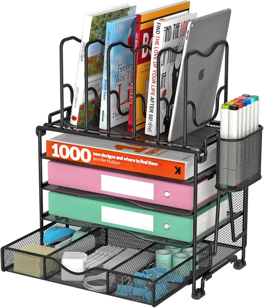 Mesh Desk Organizer, 3-IN-1 Desktop Organizer with 4 Tier Tray and 5 Upright Sections, File Organizer for Desk with Sliding Drawer, Black