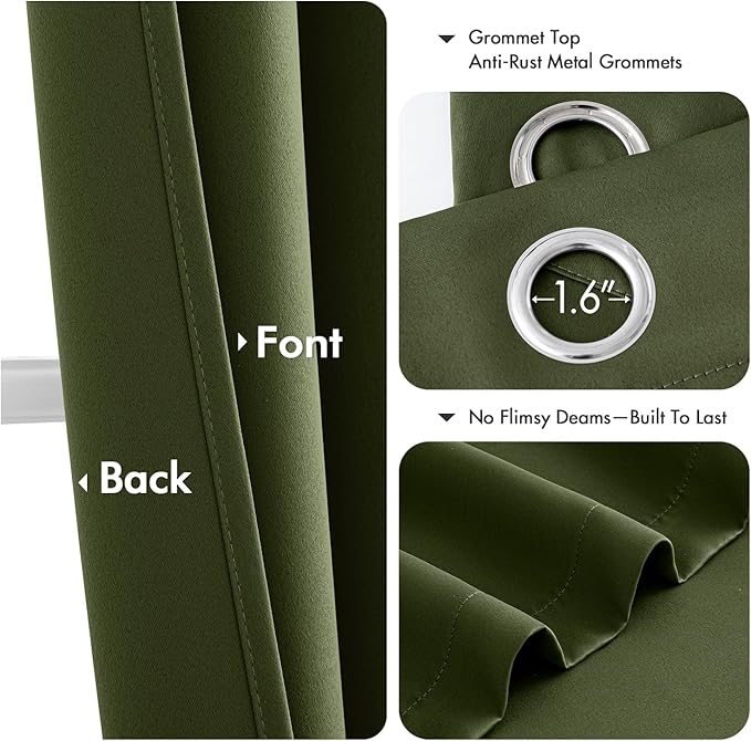MIULEE Olive Green Blackout Curtains for Bedroom Living Room 72 Inches Long 2 Panels, Thermal Insulated Room Darkening Drapes Solid Grommet Top Noise Reducing Dark Green Window Curtains W40 x L72 Inch