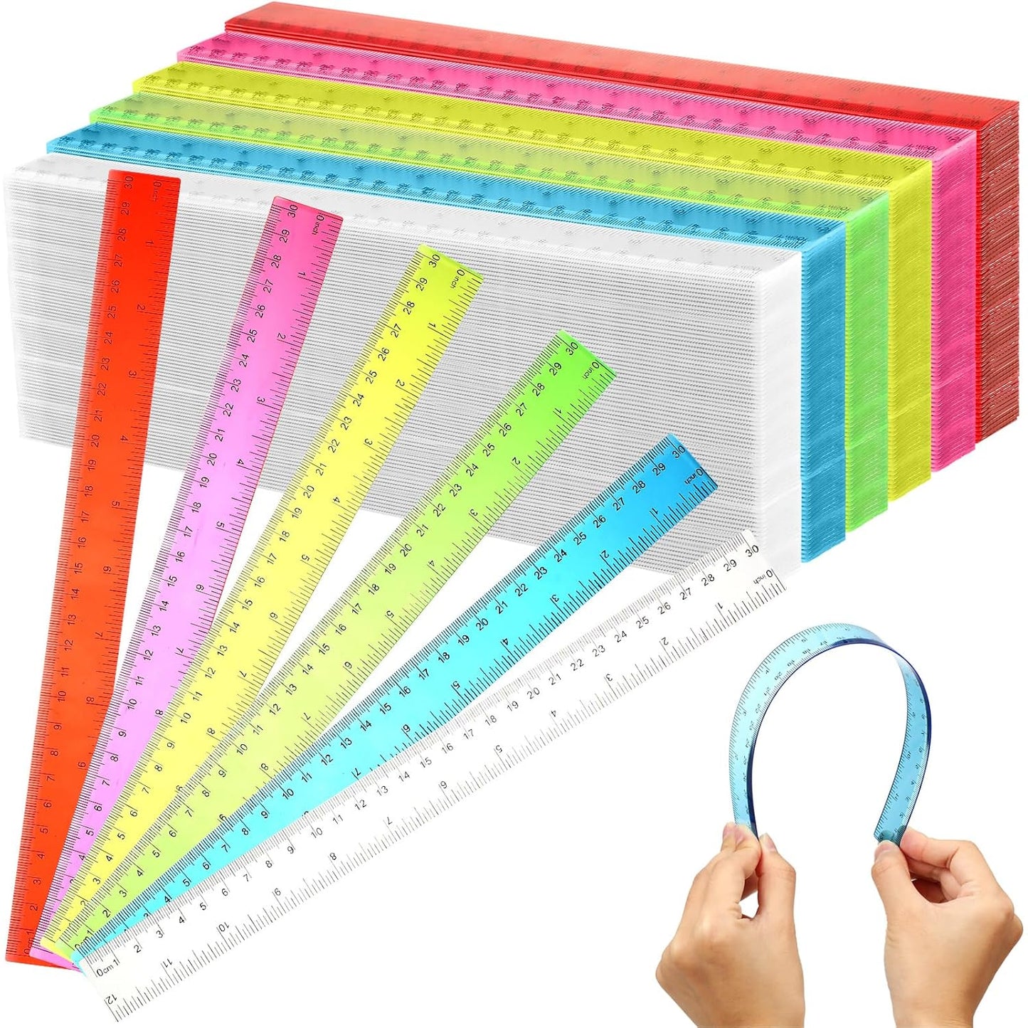 Fumete 300 Pack 12 Inch Plastic Rulers Bulk for Classroom Back to School Supplies Flexible Transparent Assorted Color Ruler with Centimeters and Inches for Office Teacher Student