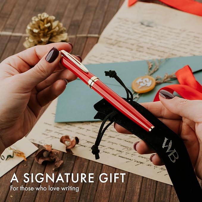 Wordsworth & Black Fountain Pen Set, 18K Gilded Medium Nib, Includes 24 Pack Ink Cartridges, Ink Refill Converter & Gift Pouch, Gold Finish, Calligraphy, [Crimson Red], Perfect for Men & Women