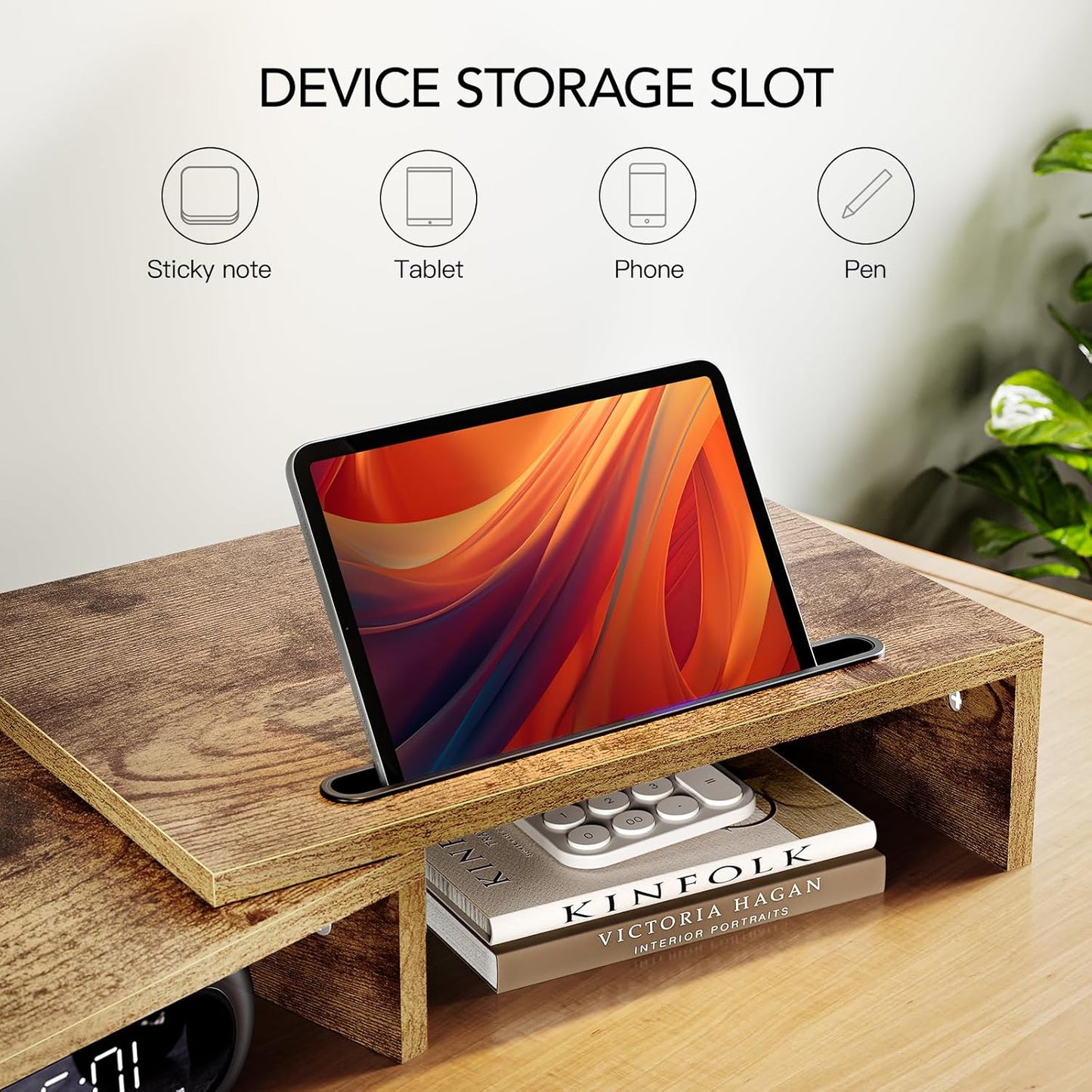 AMERIERGO Dual Monitor Stand Riser- 3 Shelf Screen Stand with Adjustable Length and Angle, 2 Extra Functional Slot Desktop Organizer Stand for PC, Computer, Laptop (Rustic Brown)