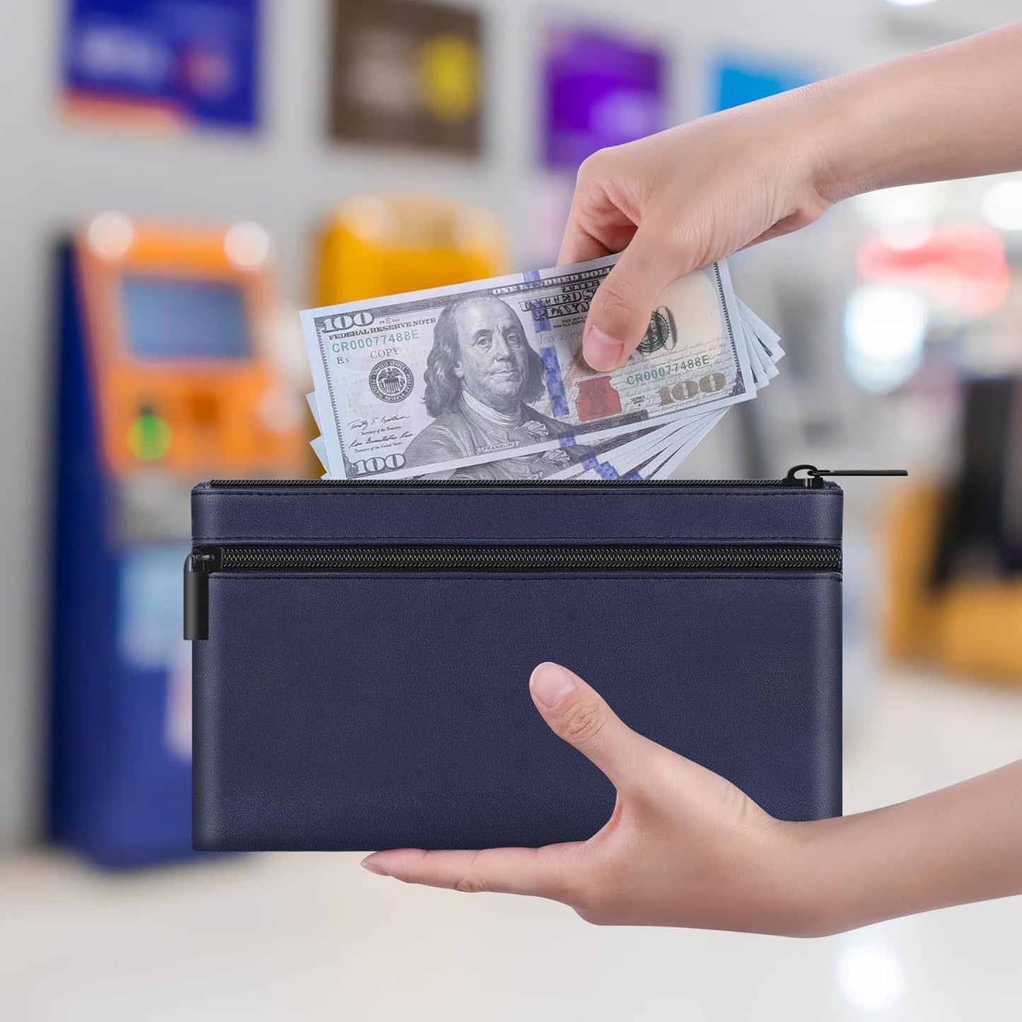 HAUTOCO Money Bag with Zipper 11x6.1 inch Money Pouch with Lined PU Leather Bank Bag Two Pockets Utility Wallet for Cash Check Receipt Coins Cosmetics, Dark Blue