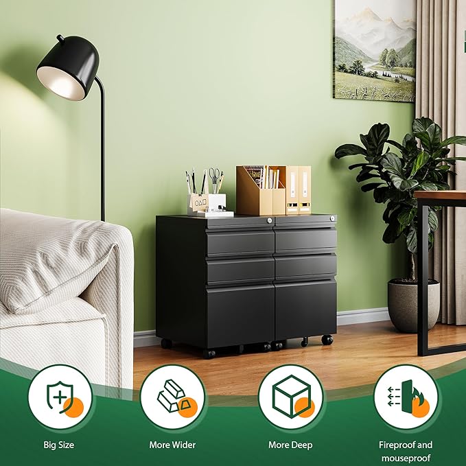 Letaya 3 Drawer Mobile File Cabinet with Lock,Under Desk Metal Filing Cabinets for Home Office Organizer Letters/Legal/A4((Fully Assembled-Black)