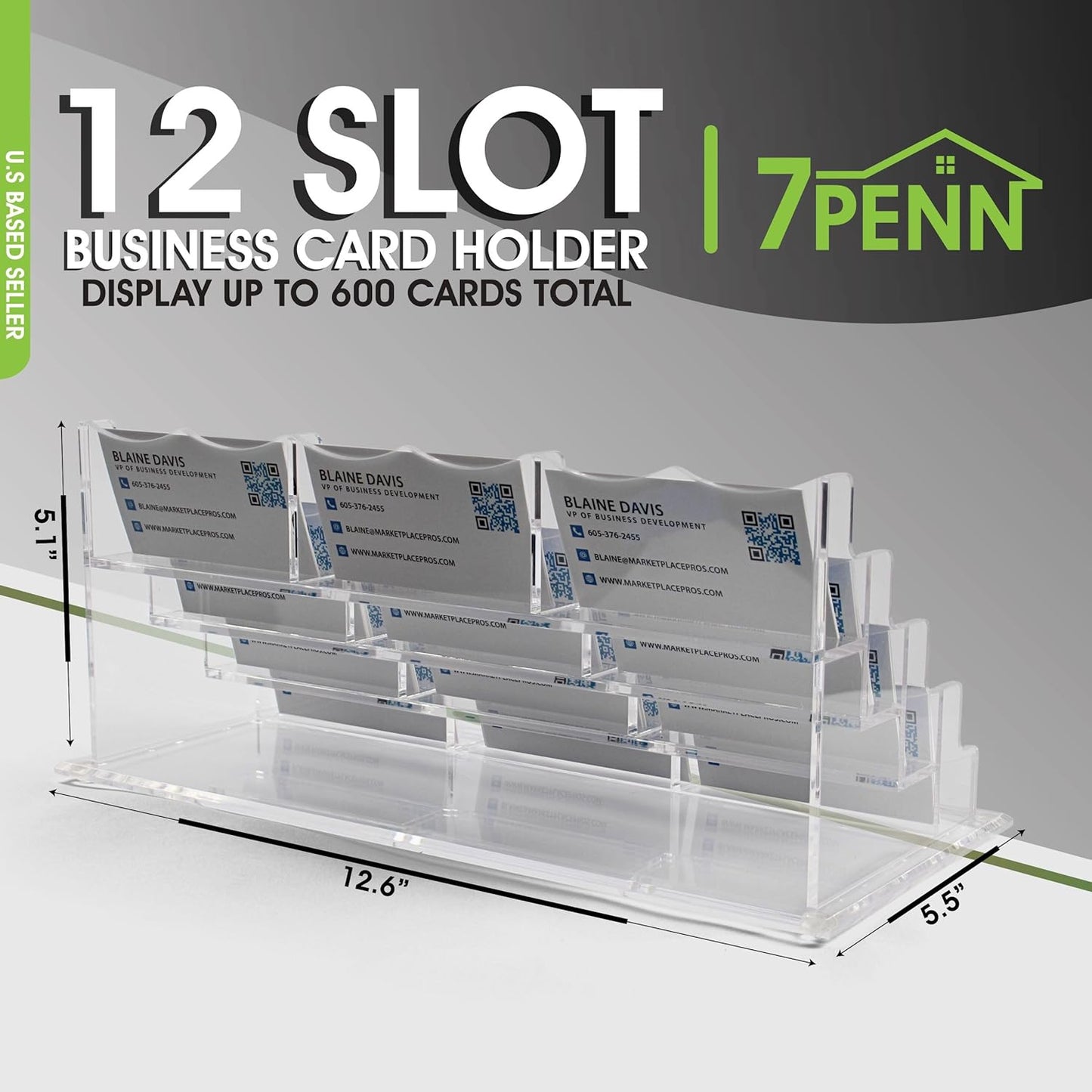7Penn Acrylic Business Card Holder for Desk - 12 Slot Card Organizer for Desk Storage - Clear Countertop Sticker Display 3 Tier Horizontal Business Card Display Rack - 600 Card Holder Stand