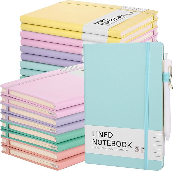Aodaer 30 Set Lined Notebook Journals with Pens A5 Notebooks 100 GSM College Ruled Hardcover Notebook PU Leather Notepad with Pen Holder for Office School, 5.7 x 8.3 Inches, Light Multicolor