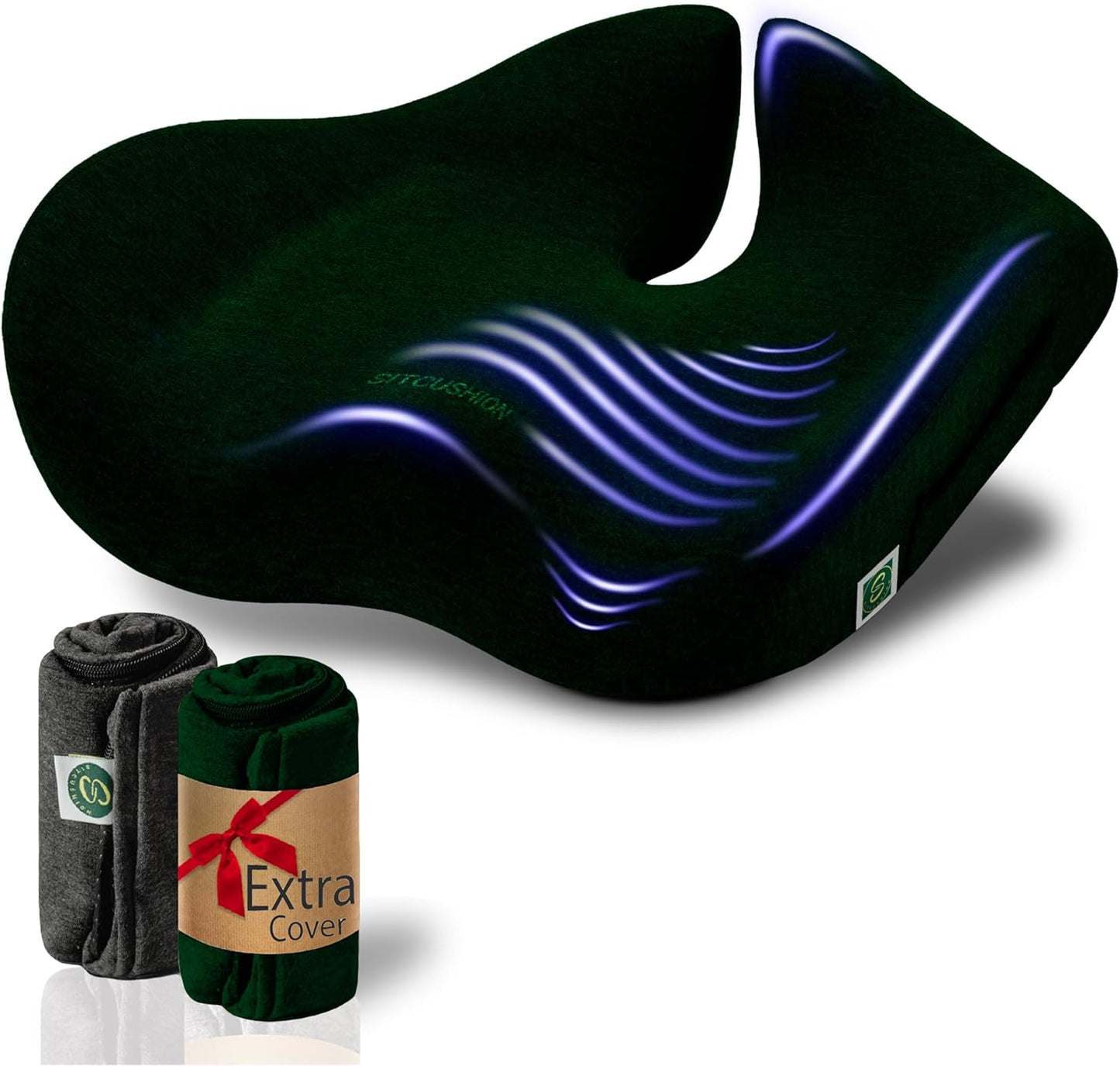 Pressure Relief Seat Cushion for Tailbone Pain – X Large Office Chair Cushion for Back Pain, Coccyx & Sciatica Pain Relief Pillow. Memory Foam Seat Cushions for Office Chairs + Extra Cover (Green)