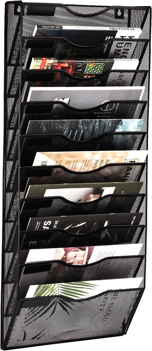 EASEPRES 10 Pocket Mesh Hanging Wall File Organizer, Wall Mounted Mail Paper Document Folder Holder, Clipboard Storage Organization Magazine Rack with Nametag Label for Office Home School, Black