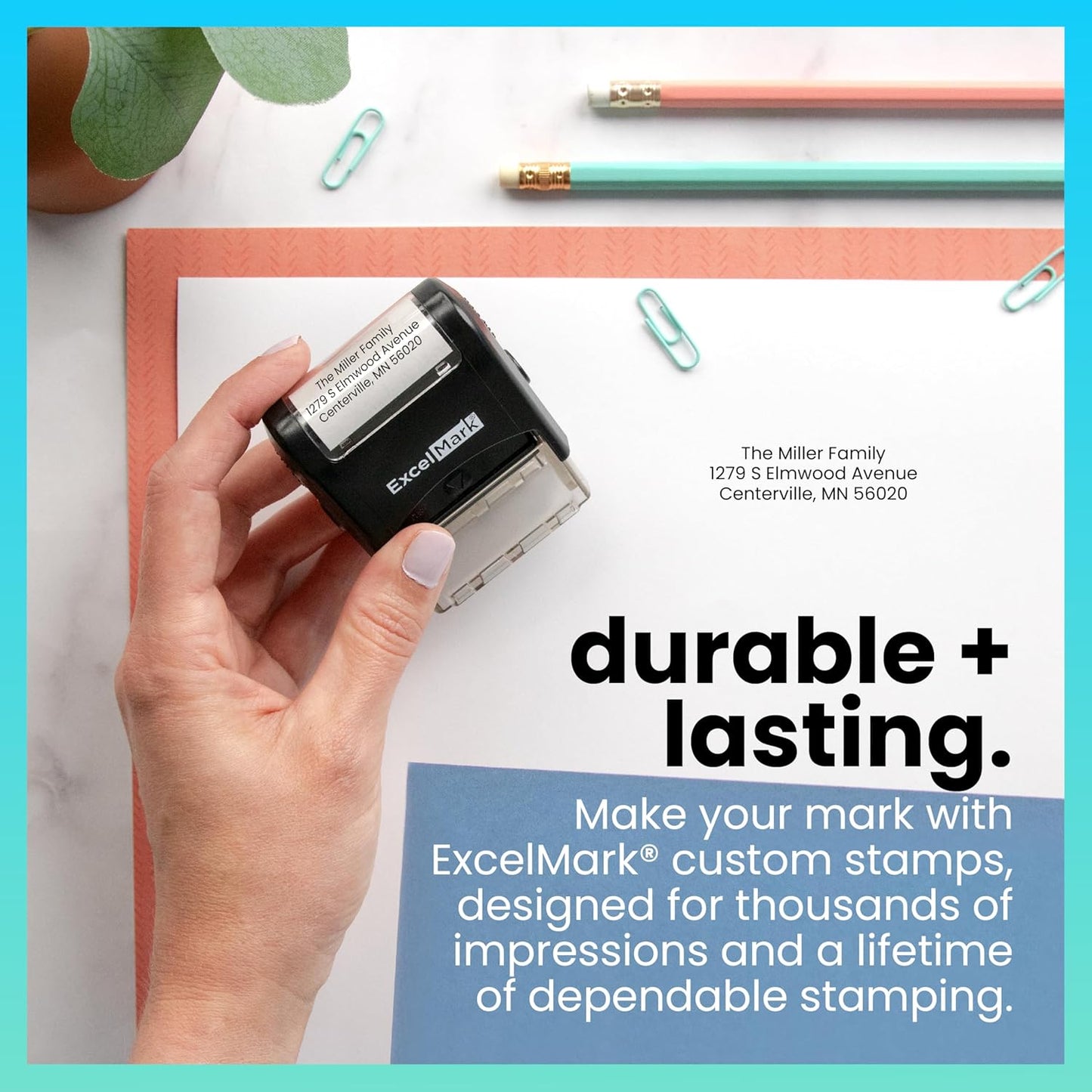 ExcelMark Custom Stamp – Clear & Crisp Impressions – Personalized Self-Inking Rubber Stamp – Use for Address Stamp and More (Small)