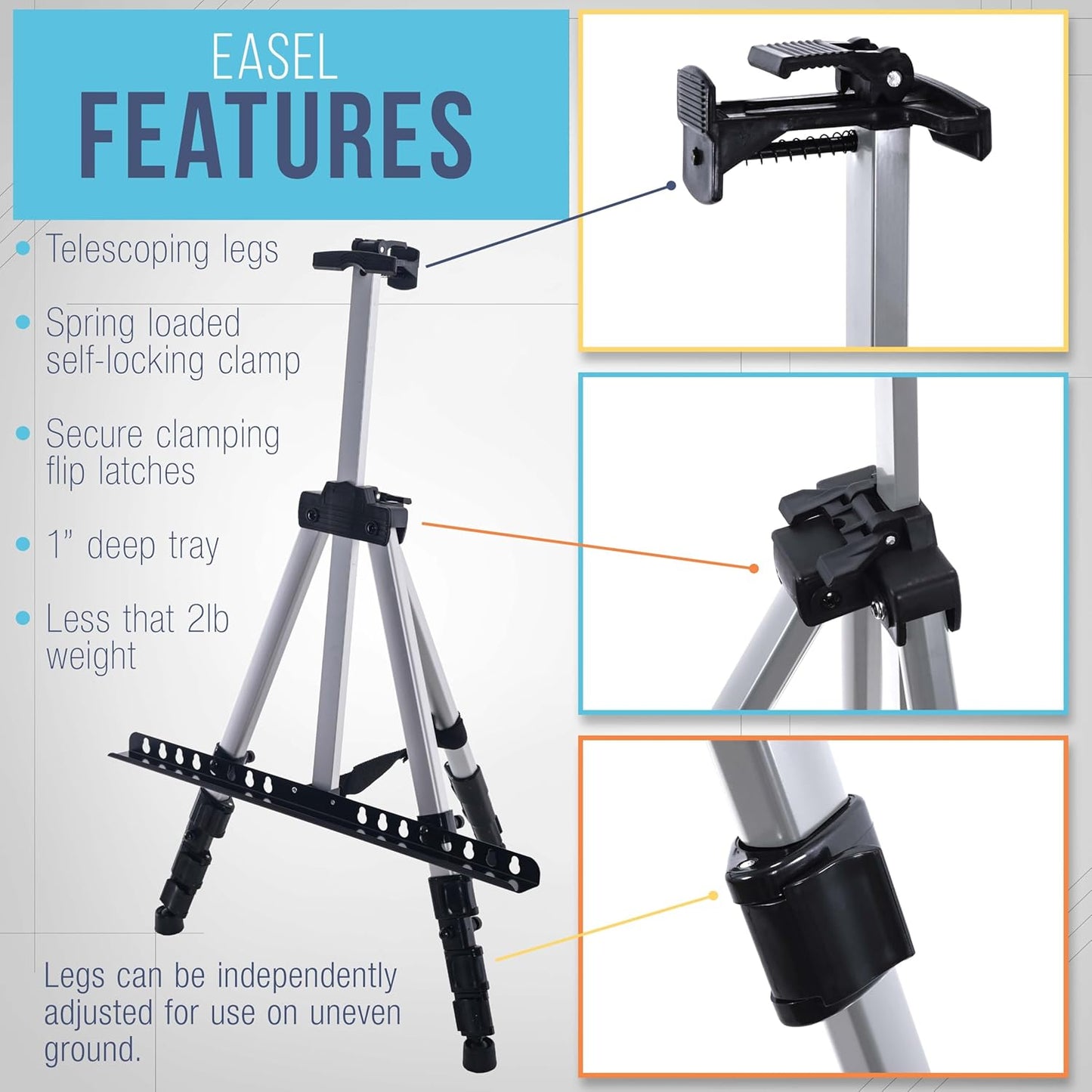 U.S. Art Supply 66" Silver Metal Tripod Easel Display - Adjustable 18"- 5.5', Holds 36" Canvas - Floor/Tabletop Easel Stand, for Sign Display, Painting, Poster Board, Canvas - Portable Bag