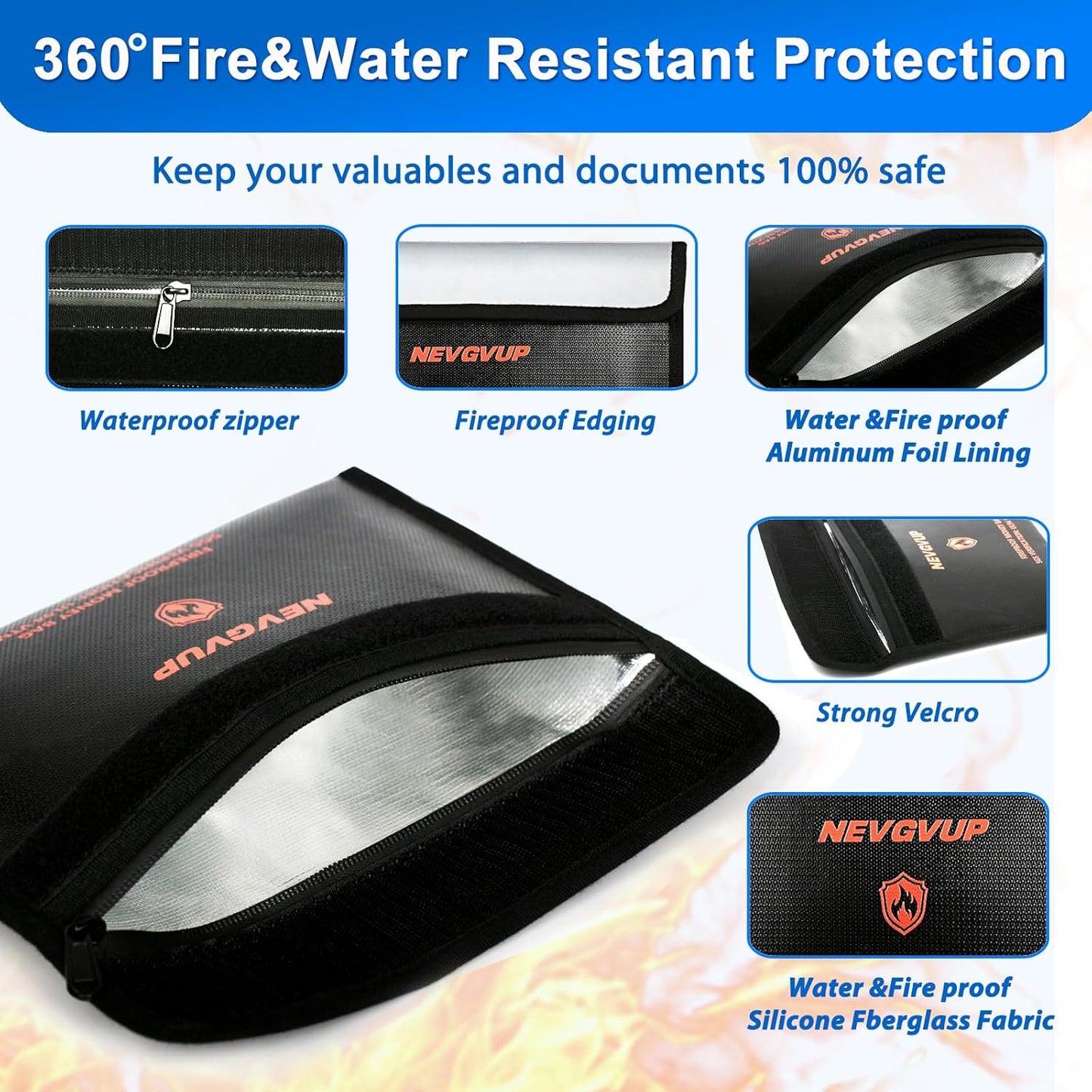 4200°F Fireproof Money Bag for Cash -Heat Insulated, 9.8 x 6.5" Fireproof Document Bag with Waterproof Zipper, Small Fire proof Bags Set with Reflective Strip and Fire proof Edging for Valuables