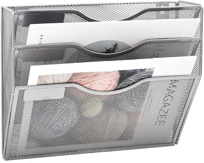EASEPRES 3 Pocket Mesh Hanging Wall File Organizer, Wall Mounted Mail Paper Document Folder Holder, Clipboard Storage Organization Magazine Rack with Nametag Label for Office Home School, Silver