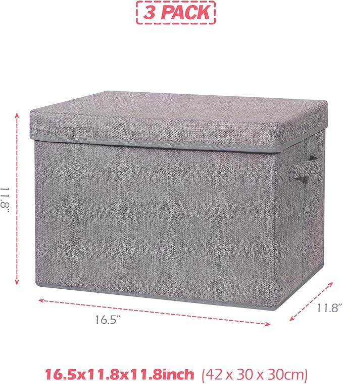 3 Pack Large Foldable Storage Box with Lids Fabric Storage Cube Organizer Cloth Containers Bins Baskets for Closet Clothes Clothing Bed Room