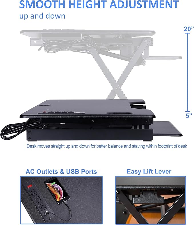 Rocelco 46" Height Adjustable Standing Desk Converter - Desktop AC USB Charger - Sit Stand Up Triple Monitor Riser - Tall Computer Workstation - Retractable Keyboard Tray - Black (R DADRB-46-ACUSB)