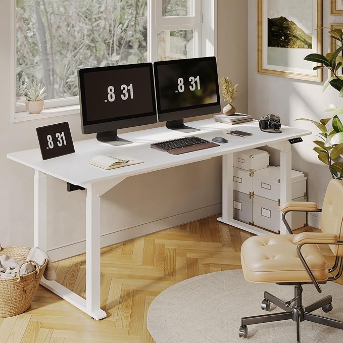 SANODESK 4-Leg Standing Desk, Electric Height Adjustable Desk with Memory Presets for Home Office, Stand up Desk Computer Workstation, 71x32 Inches White
