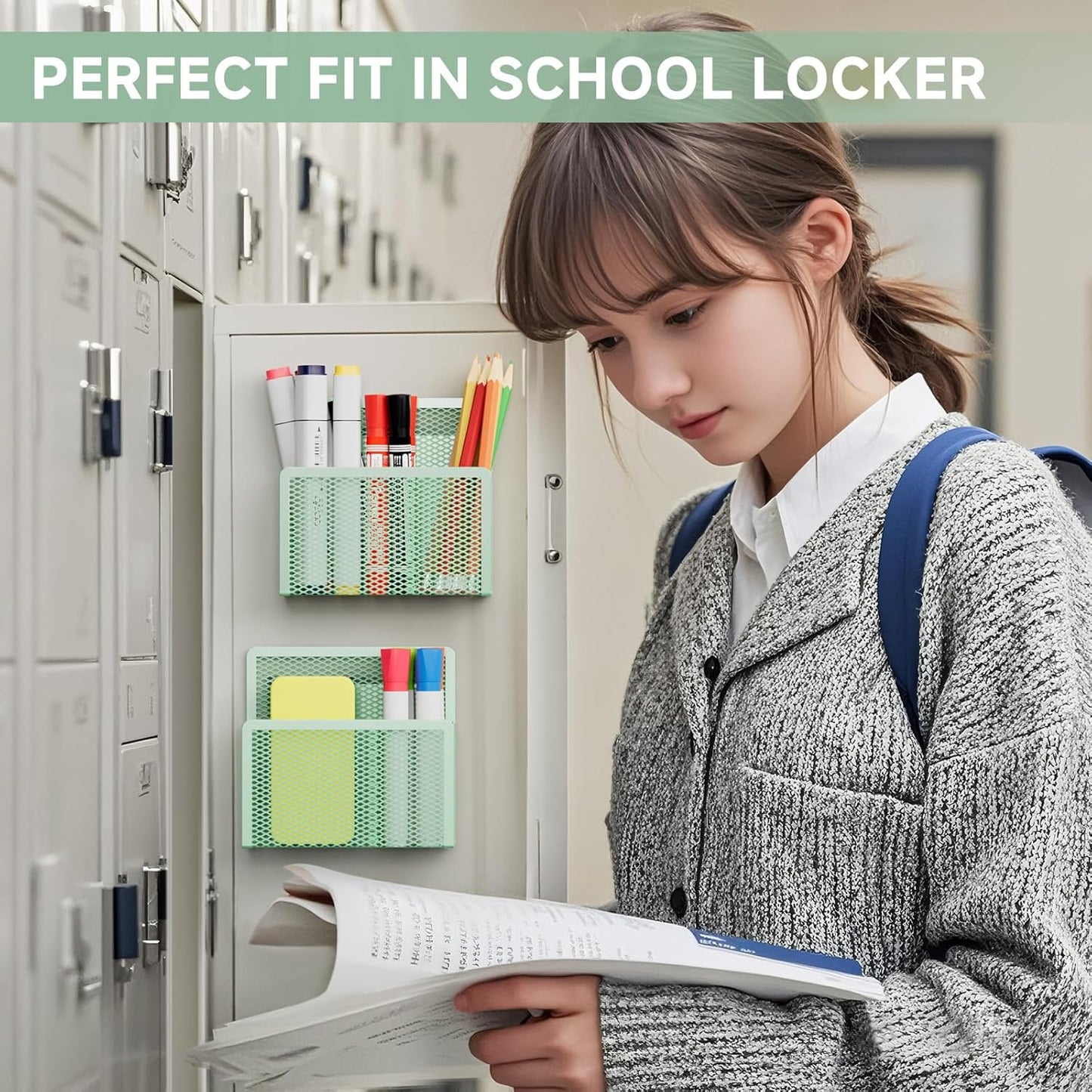 Magnetic Dry Erase Marker Holder, Mesh Pen Holder for Whiteboard，Magnet Pencil Organizer Storage for Refrigerator Locker Accessories Organizer for Home, School and Office(Green)